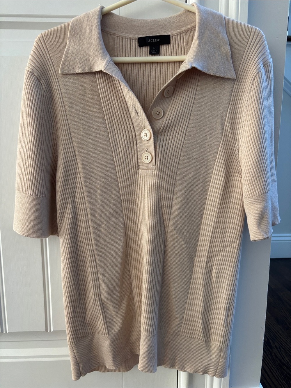 J. Crew Cream Short-Sleeve Polo Knit Top with Button Placket